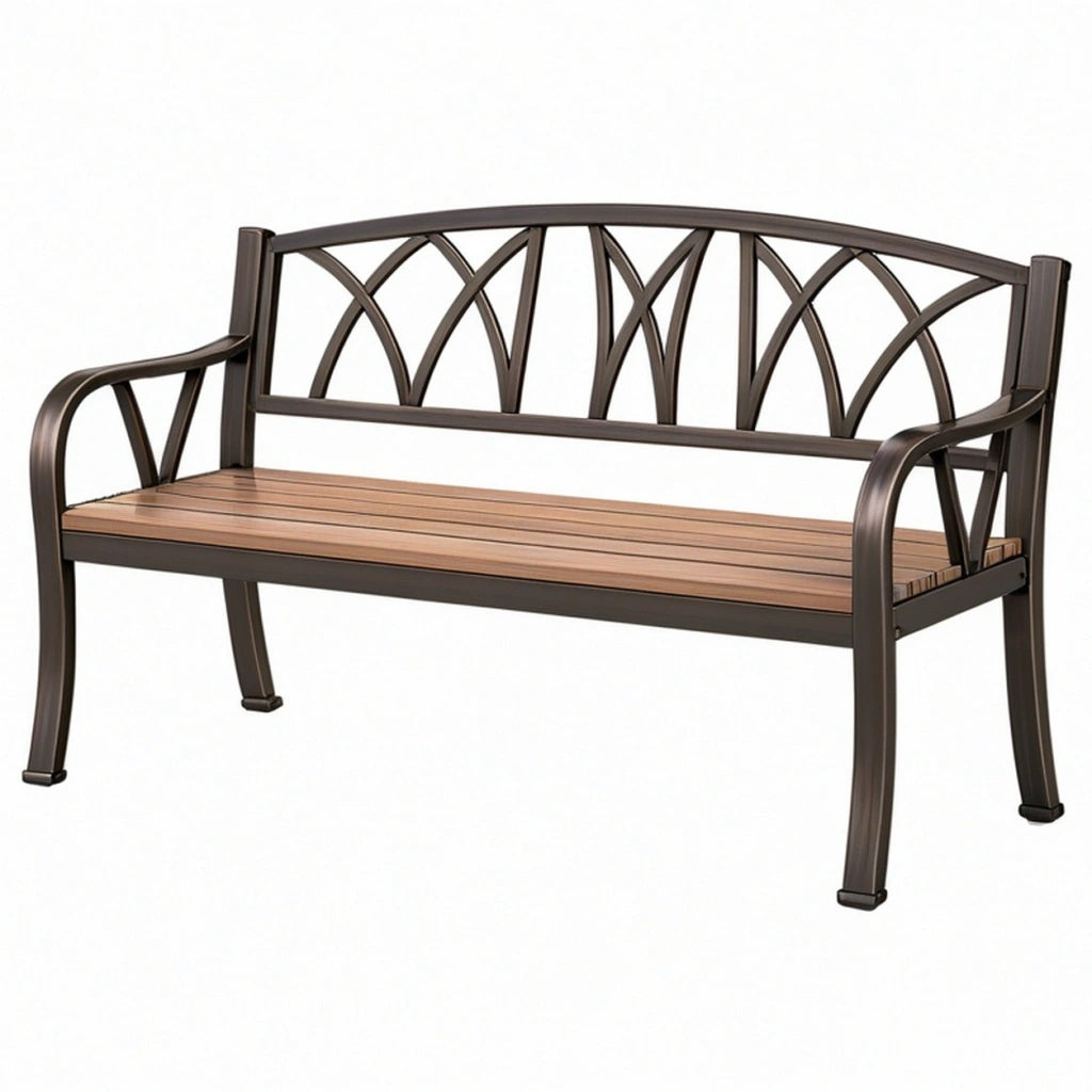 Ławka ogrodowa 120 x 60 x 90 cm metalowa brązowa z drewnianym siedziskiem klasyczna
