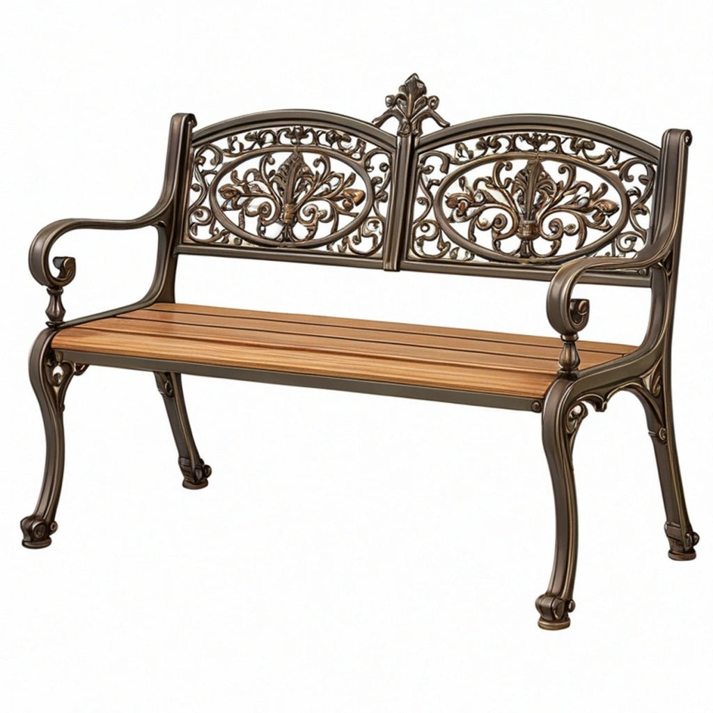 Ławka ogrodowa 122 x 61 x 91 cm metalowa brązowa z drewnianym siedziskiem w stylu klasycznym