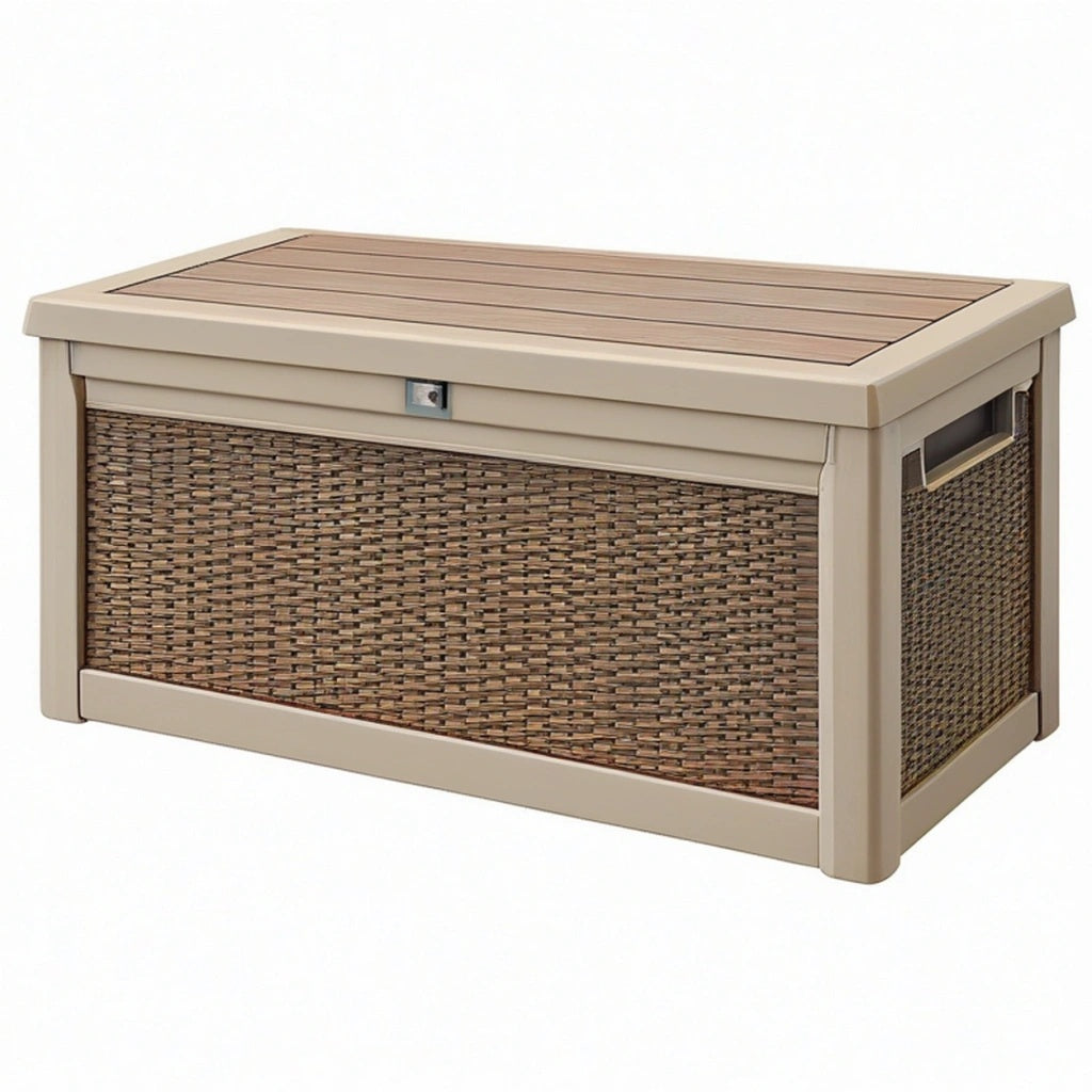 Skrzynia ogrodowa 120 x 60 x 60 cm z tworzywa sztucznego beżowo brązowa z panelem imitującym rattan