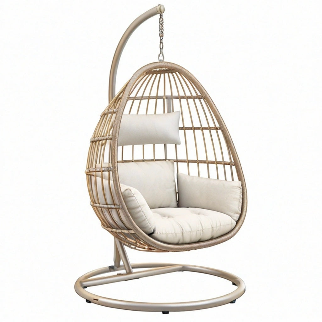 Fotel wiszący kokon 105 cm x 105 cm x 195 cm - metalowy beżowy do relaksu z plecioną konstrukcją