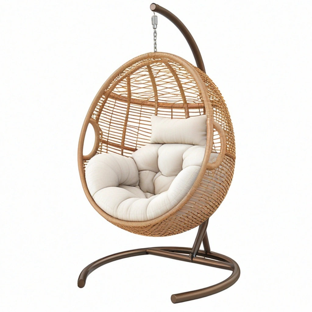 Fotel wiszący 105 x 195 cm rattanowy beżowy z metalowym stelażem w stylu boho