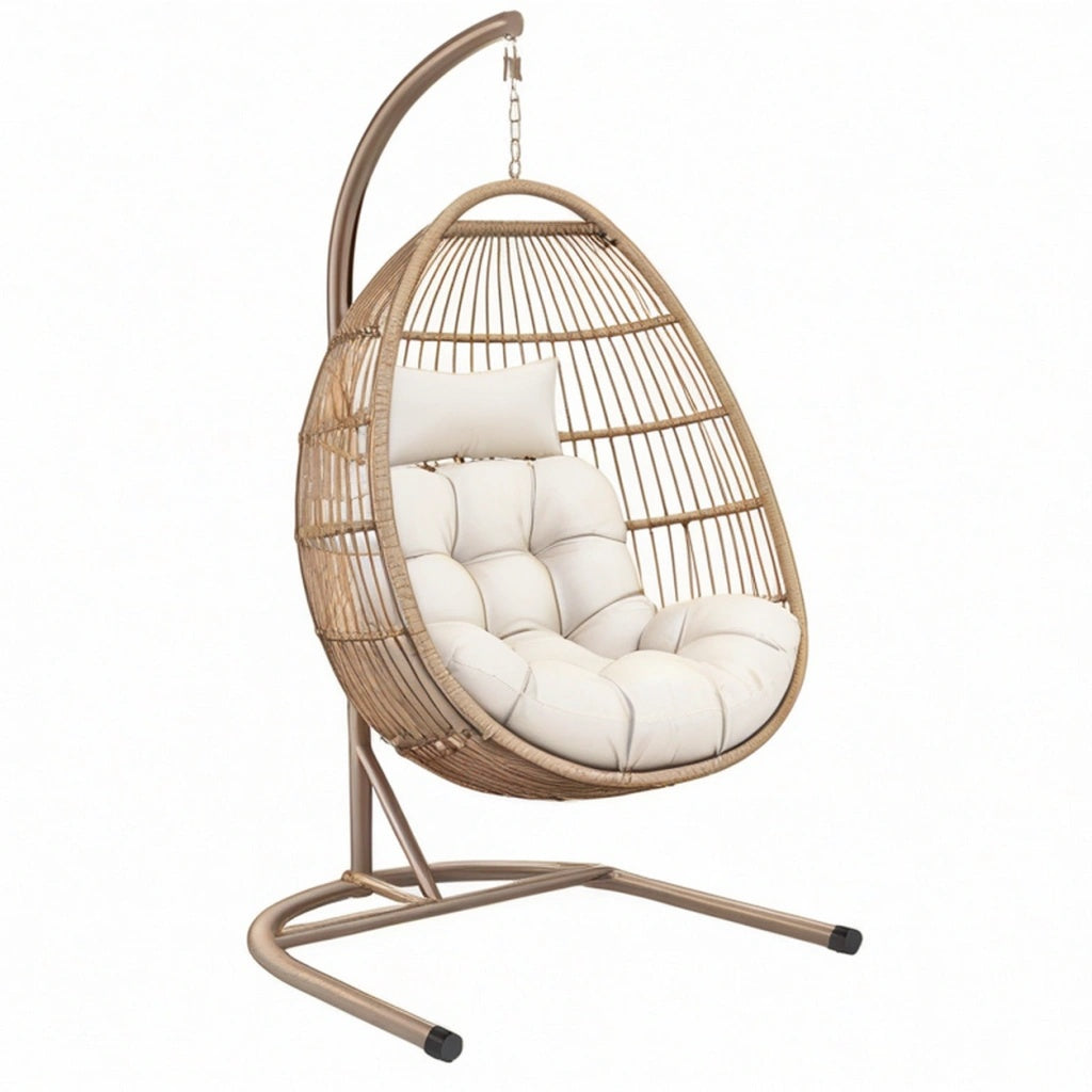 Fotel wiszący ogrodowy 105 x 95 x 195 cm beżowy z plecionki i stali do relaksu