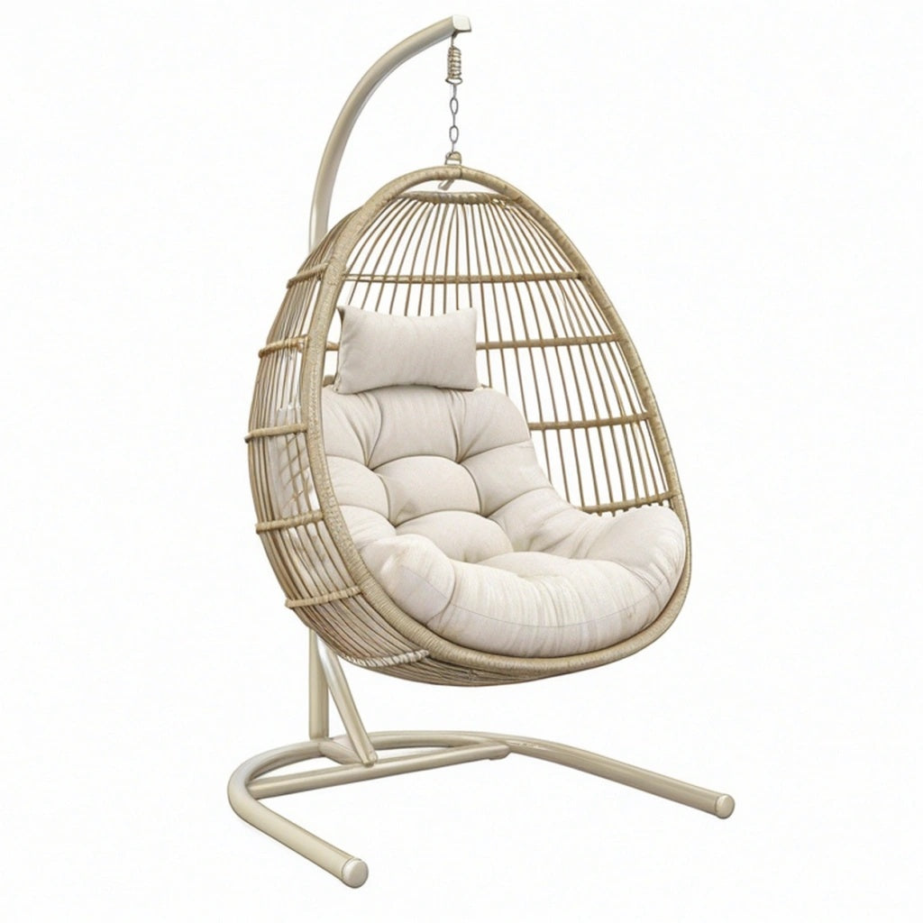 Fotel wiszący 105 x 95 x 195 cm beżowy z plecionki na stojaku boho