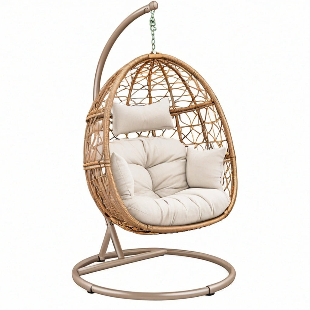 Fotel wiszący ogrodowy 105 x 195 cm z rattanu i metalu beżowy - styl boho